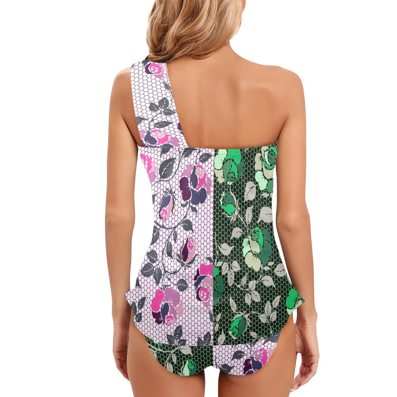 pink green rose print 4 Women's One Shoulder Backless Swimsuit (Model S44) - Objet D'Art