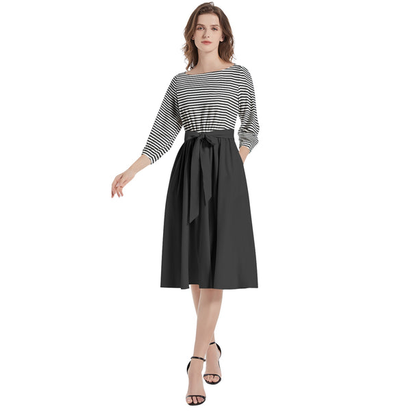 Boat Neck Belted Flared Dress - Objet D'Art
