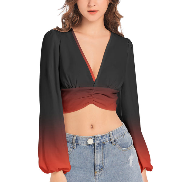 Black and Red Ombre Women's Deep V-Neck Lantern Sleeve Crop Top - Objet D'Art