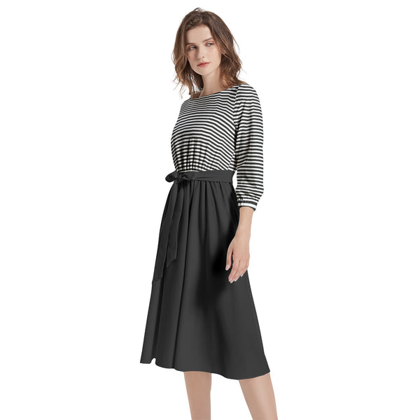 Boat Neck Belted Flared Dress - Objet D'Art