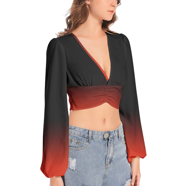 Black and Red Ombre Women's Deep V-Neck Lantern Sleeve Crop Top - Objet D'Art