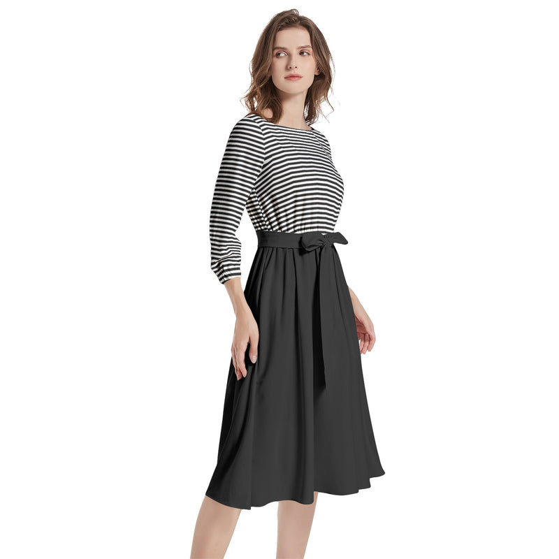 Boat Neck Belted Flared Dress - Objet D'Art