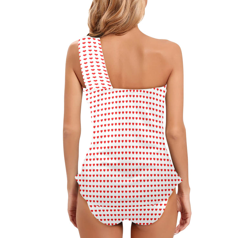 red hot hearts print Women's One Shoulder Backless Swimsuit (Model S44) - Objet D'Art