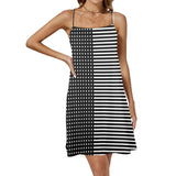 dot to line bw print 10A Drawstring Neck Sleeveless Dress (Model D68) - Objet D'Art