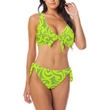 neon green scroll print 2 Bow Tie Front Bikini Swimsuit (Model S38) - Objet D'Art