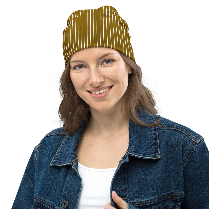 Bronze Striped Print Beanie - Objet D'Art