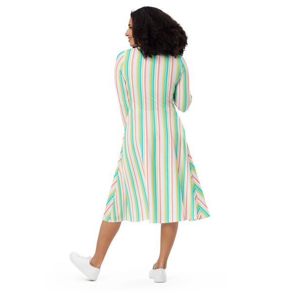 Vibrant Pastel Striped long sleeve midi dress - Objet D'Art