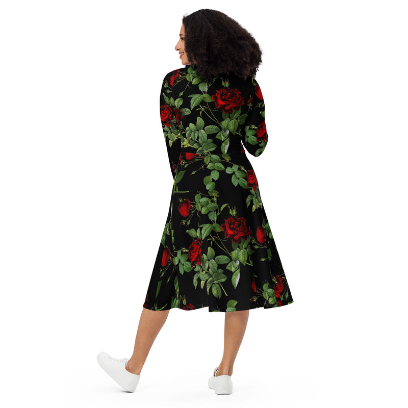 Rose Print long sleeve midi dress - Objet D'Art