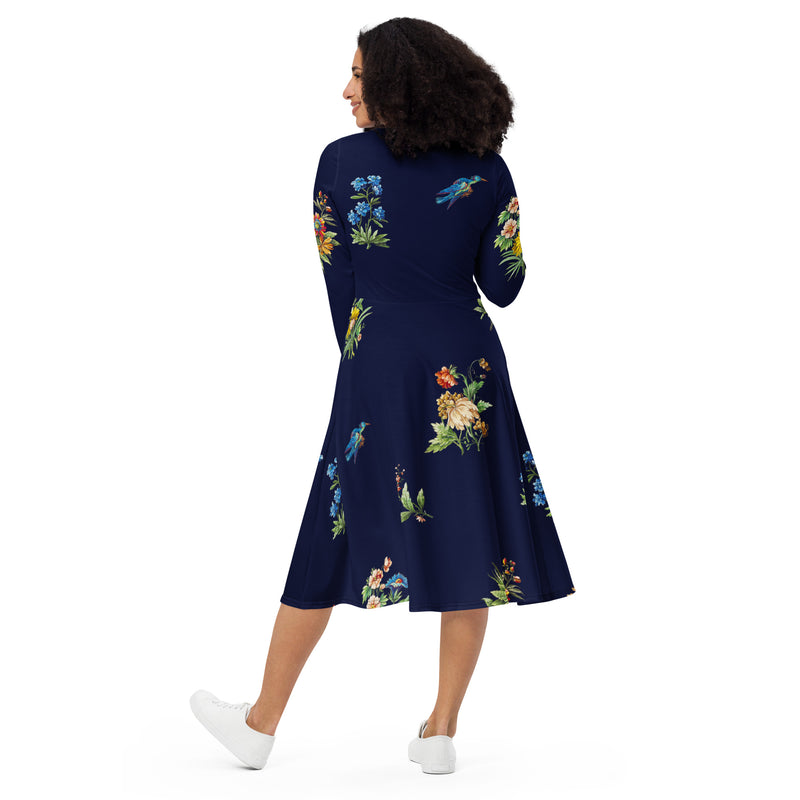 All-over print long sleeve midi dress - Objet D'Art