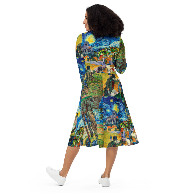 All-over print long sleeve midi dress - Objet D'Art
