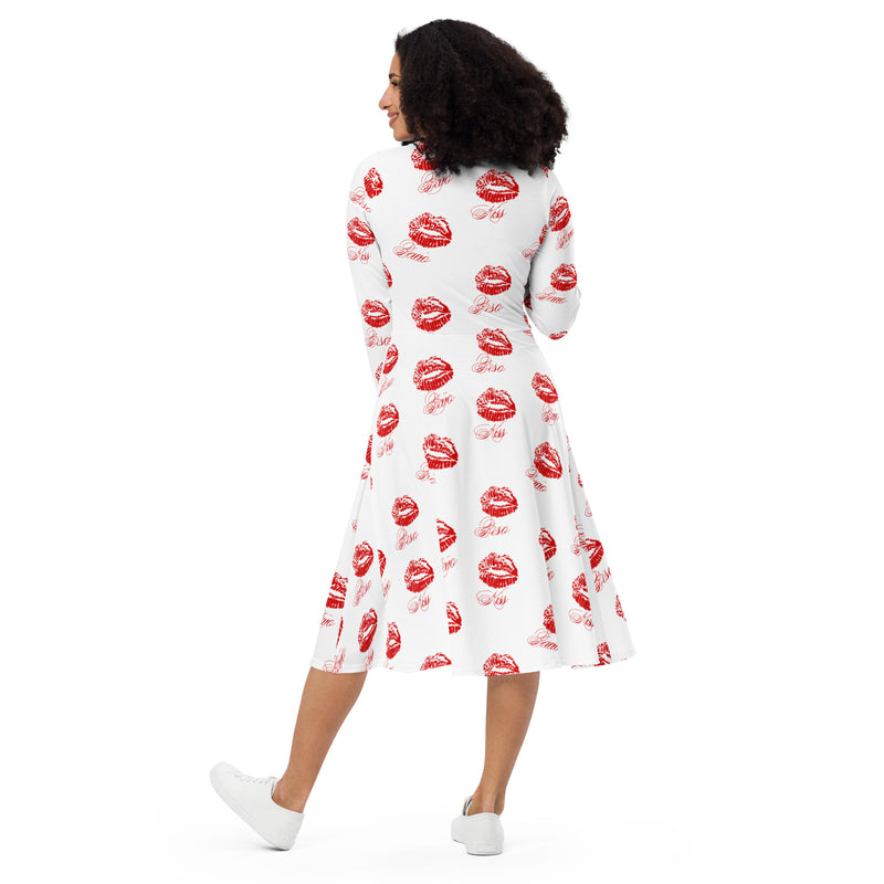 All-over print long sleeve midi dress - Objet D'Art