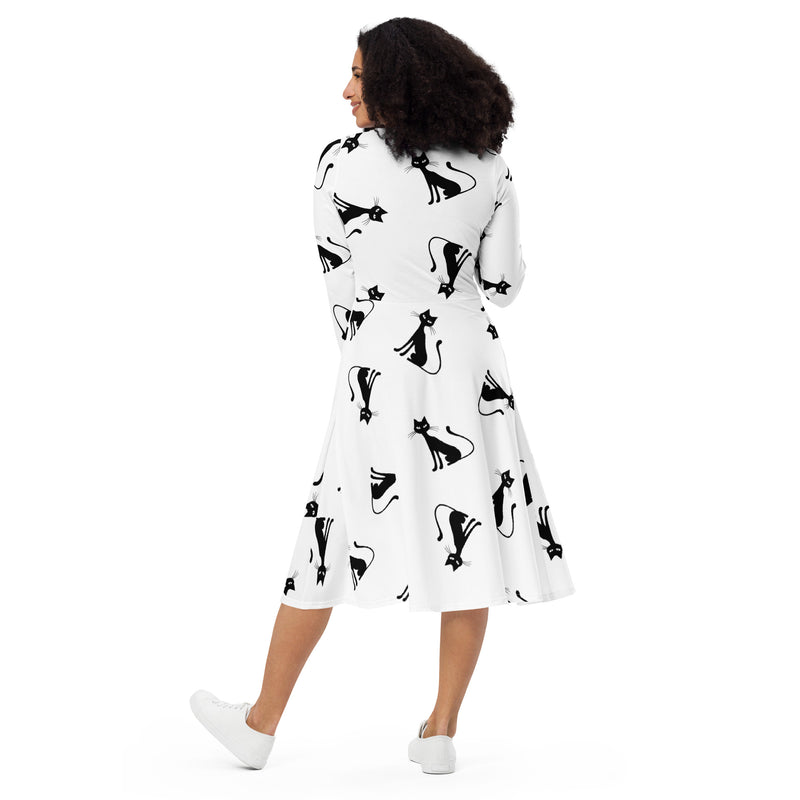 All-over print long sleeve midi dress - Objet D'Art