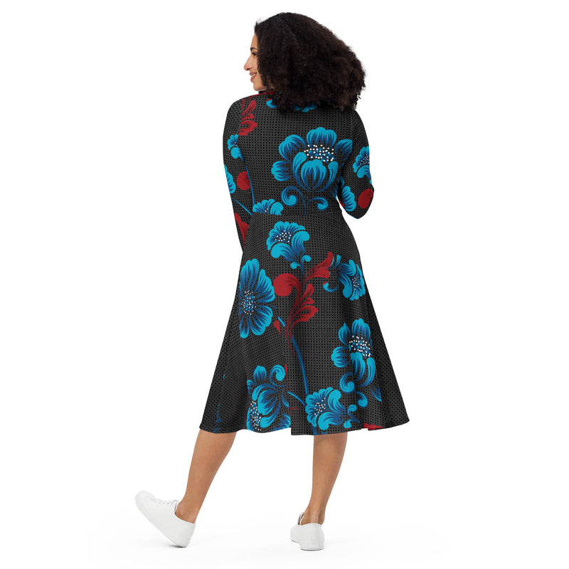 All-over print long sleeve midi dress - Objet D'Art