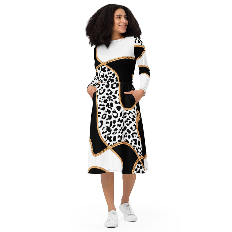 Chained Maiden Leopard Print long sleeve midi dress - Objet D'Art