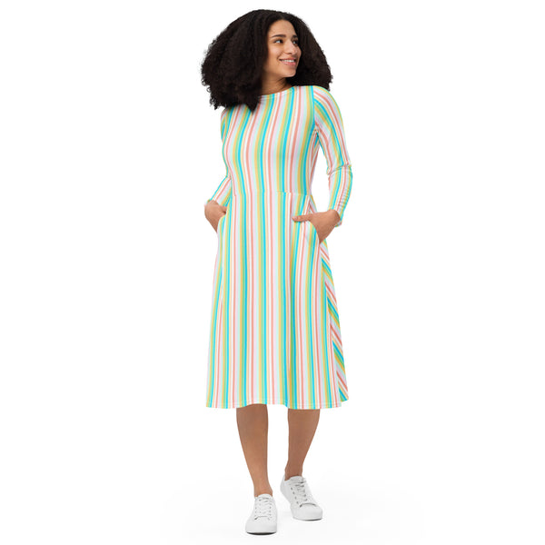 Vibrant Pastel Striped long sleeve midi dress - Objet D'Art