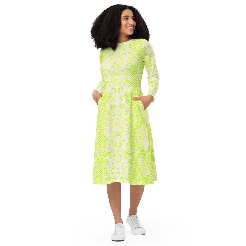 Granny Smith Apple Snakeskin long sleeve midi dress - Objet D'Art