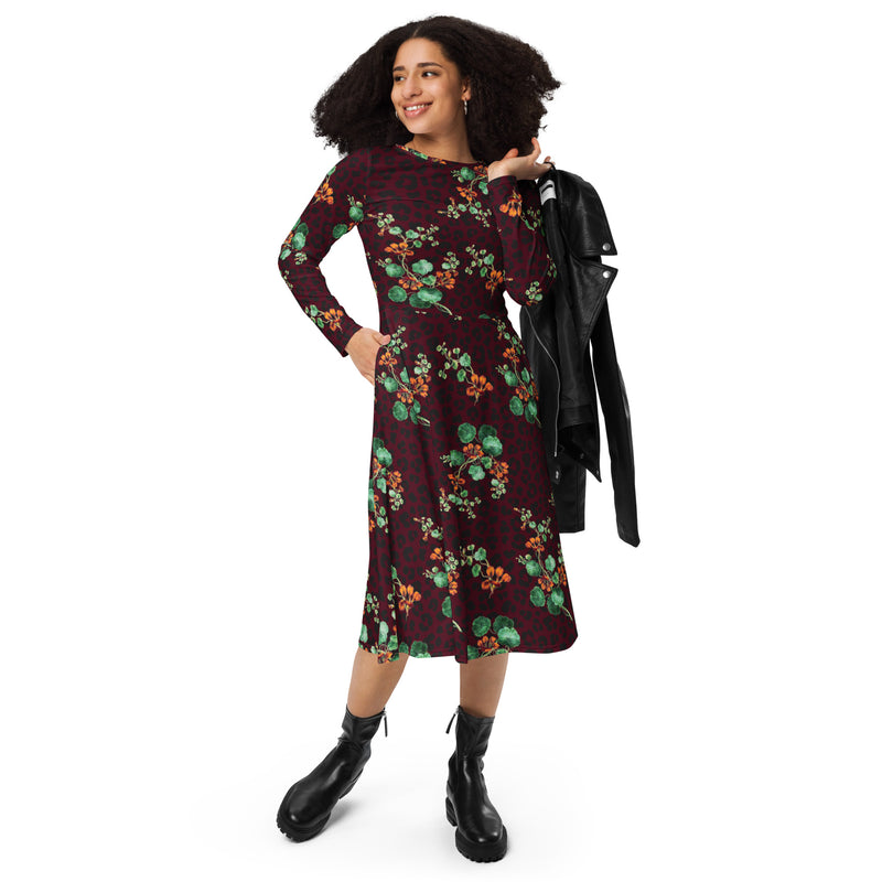 All-over print long sleeve midi dress - Objet D'Art