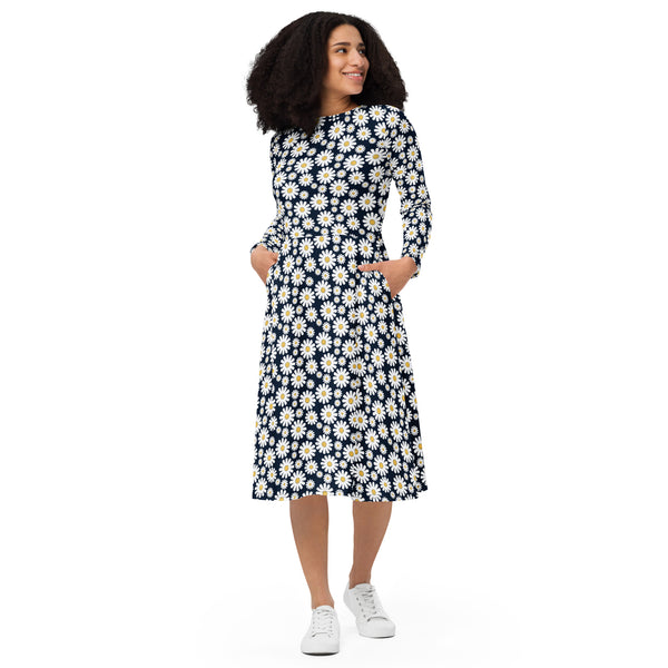 All-over print long sleeve midi dress - Objet D'Art
