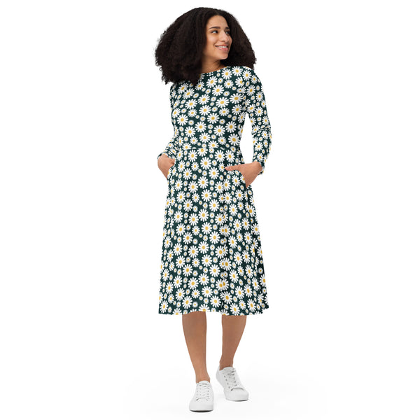 All-over print long sleeve midi dress - Objet D'Art