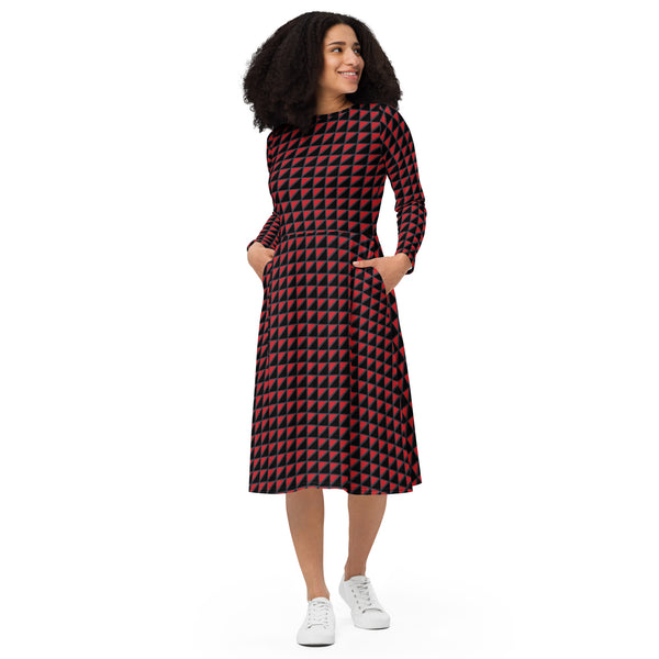 All-over print long sleeve midi dress - Objet D'Art