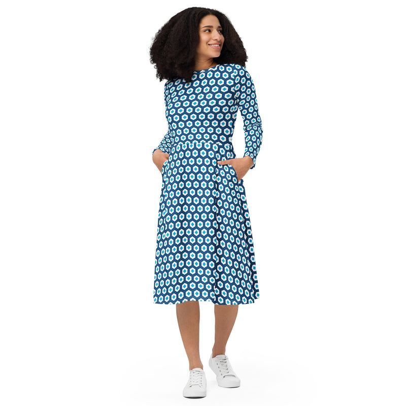 All-over print long sleeve midi dress - Objet D'Art