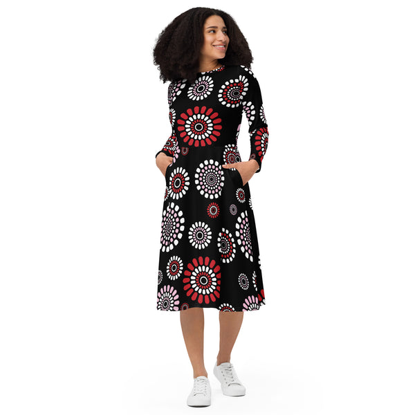 All-over print long sleeve midi dress - Objet D'Art