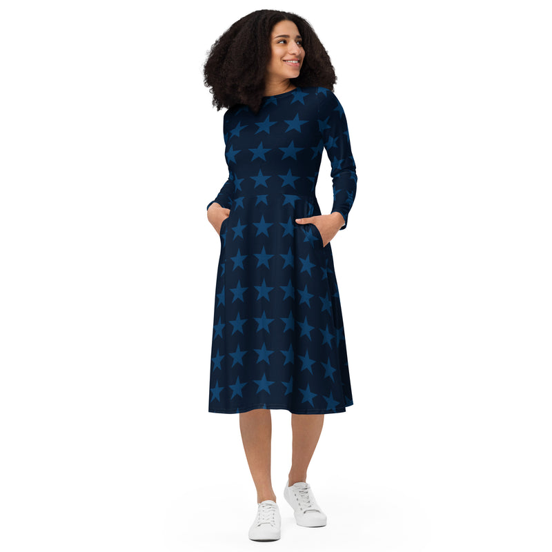 All-over print long sleeve midi dress - Objet D'Art