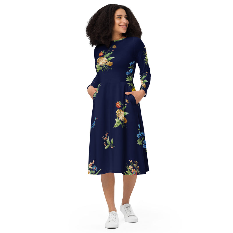 All-over print long sleeve midi dress - Objet D'Art