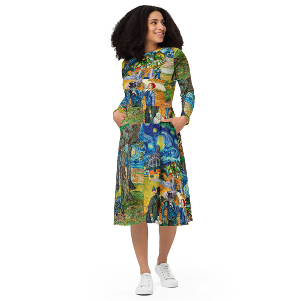 All-over print long sleeve midi dress - Objet D'Art