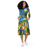 All-over print long sleeve midi dress - Objet D'Art