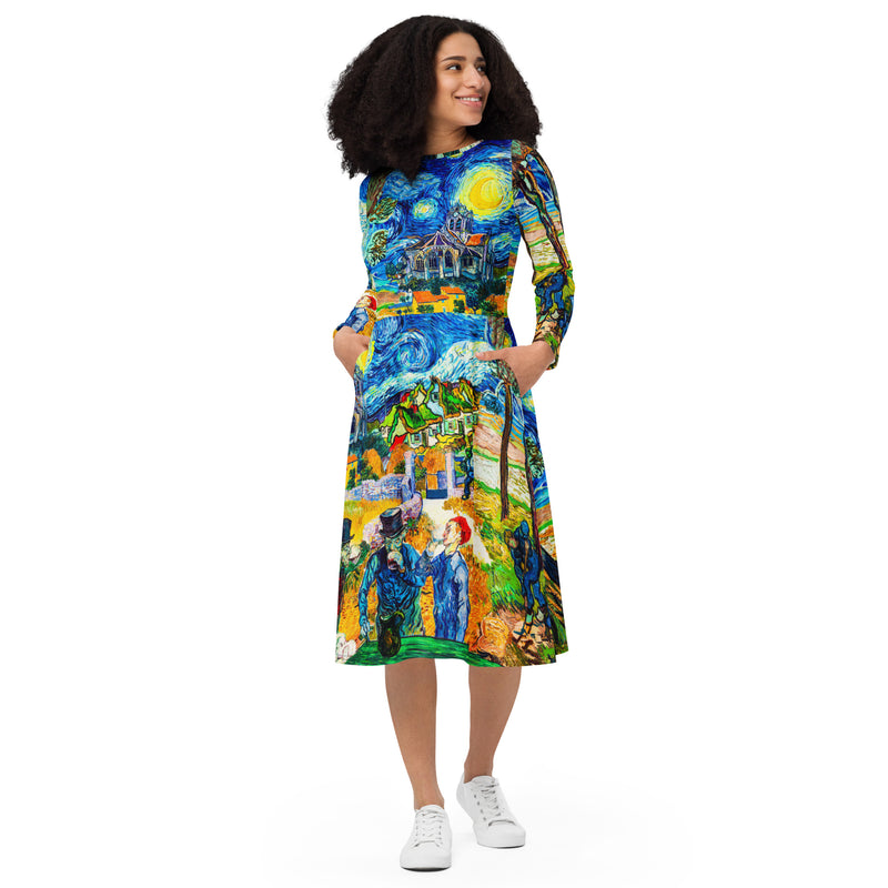 All-over print long sleeve midi dress - Objet D'Art