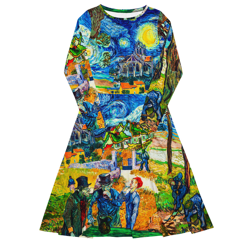 All-over print long sleeve midi dress - Objet D'Art