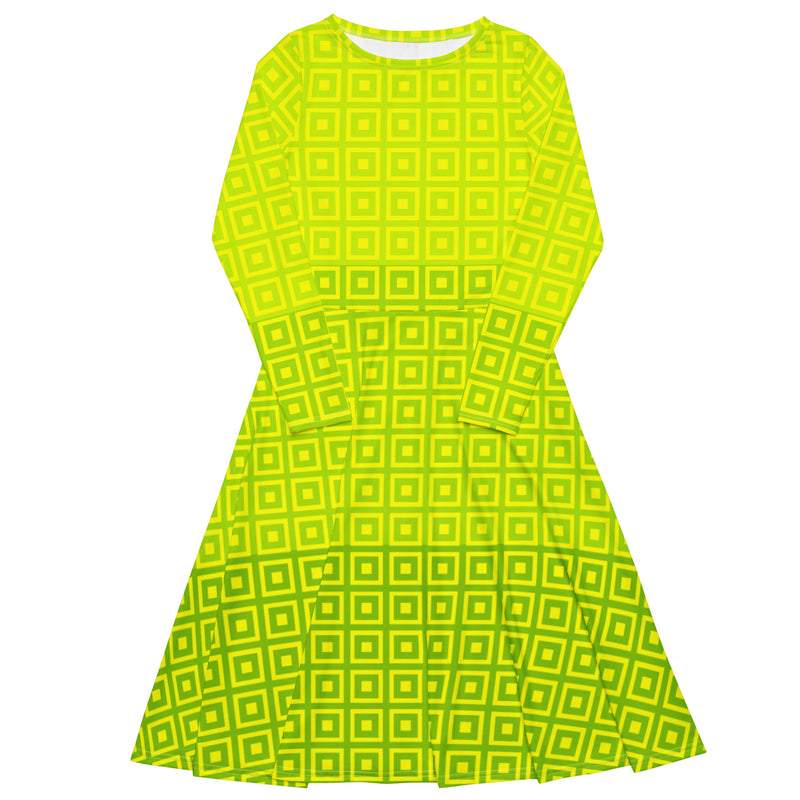 Lime-Green Matrix ong sleeve midi dress - Objet D'Art