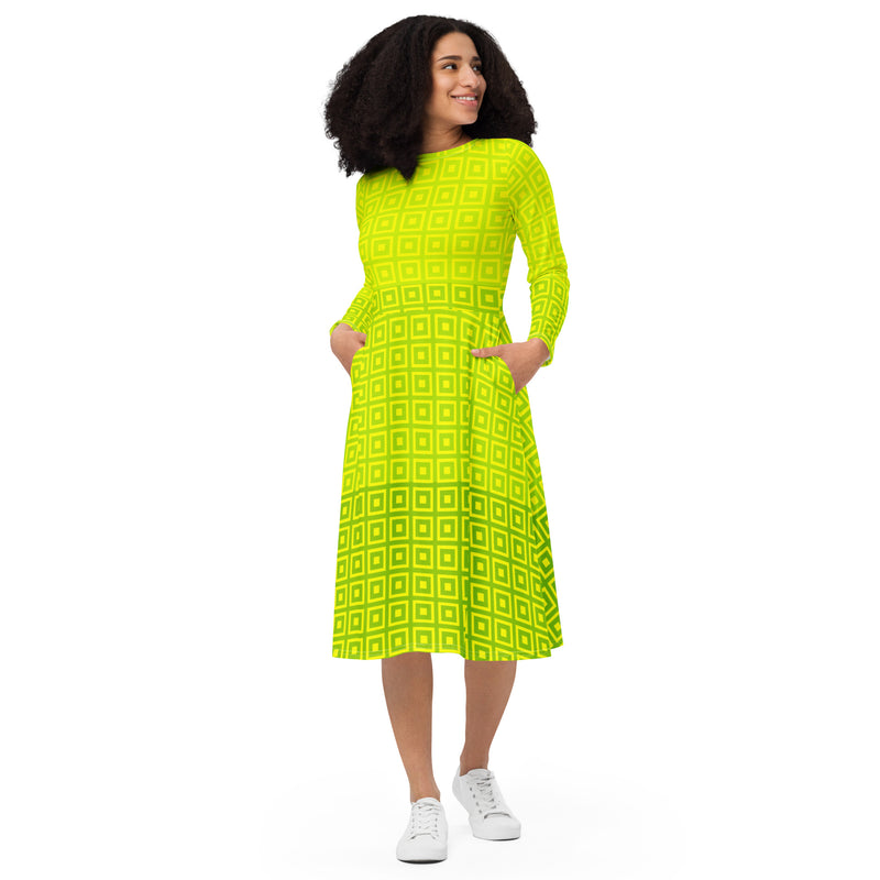 Lime-Green Matrix ong sleeve midi dress - Objet D'Art