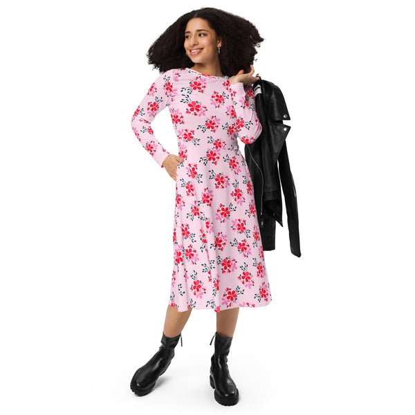 Pink Water Florals long sleeve midi dress - Objet D'Art