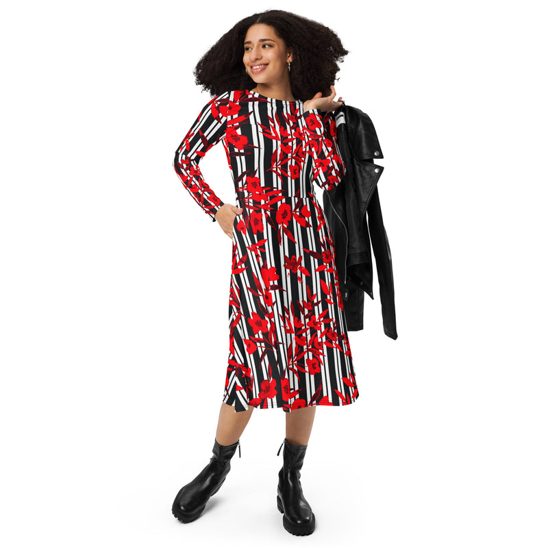 All-over print long sleeve midi dress - Objet D'Art