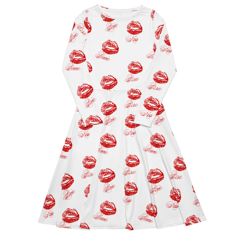 All-over print long sleeve midi dress - Objet D'Art