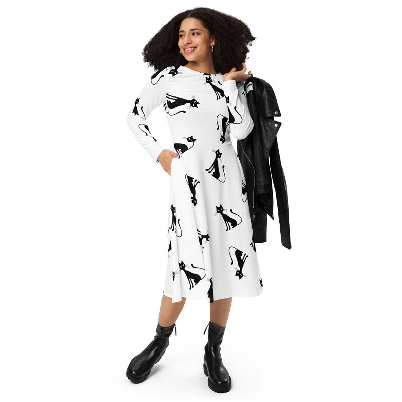 All-over print long sleeve midi dress - Objet D'Art