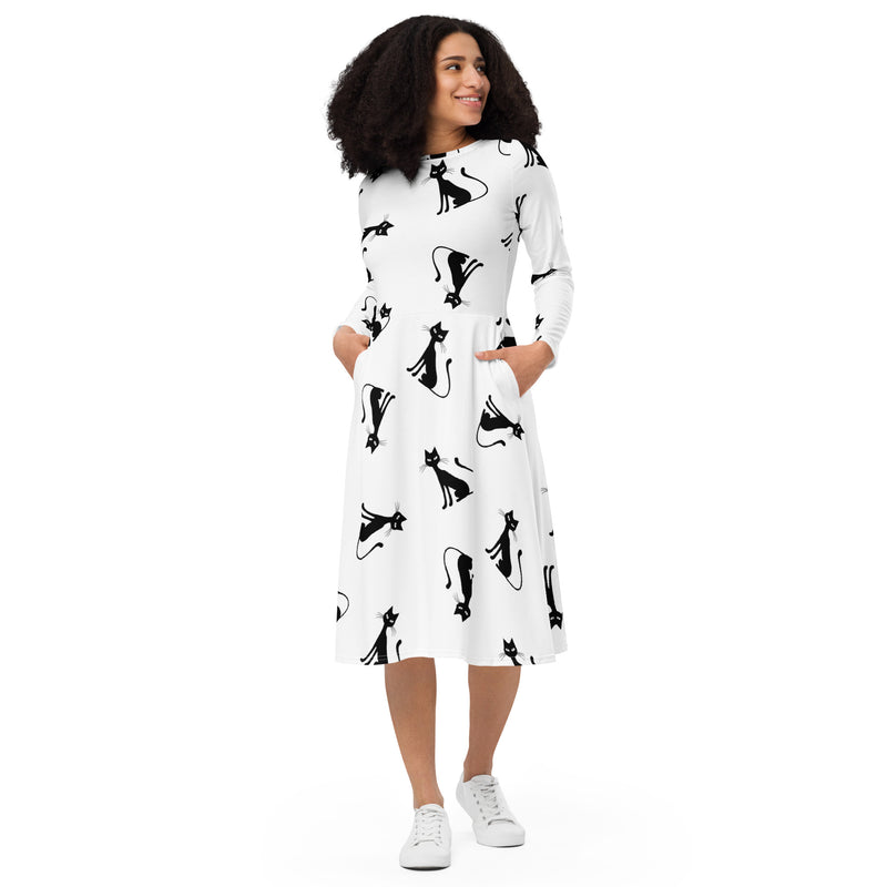 All-over print long sleeve midi dress - Objet D'Art