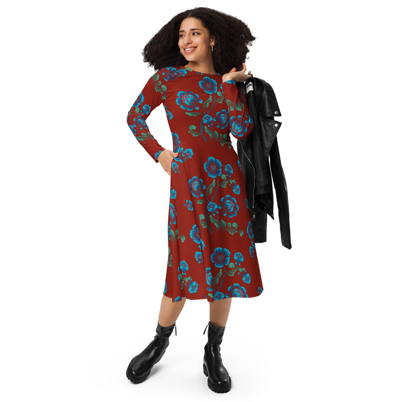 Burnt Orange Floral long sleeve midi dress S