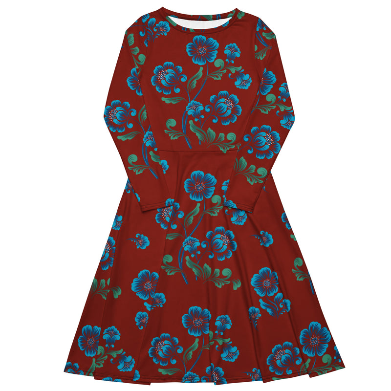 Burnt Orange Floral long sleeve midi dress S