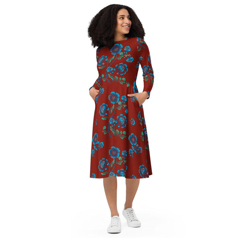 burnt orange midi dress with sleeves Burnt Orange Floral long sleeve midi dress S