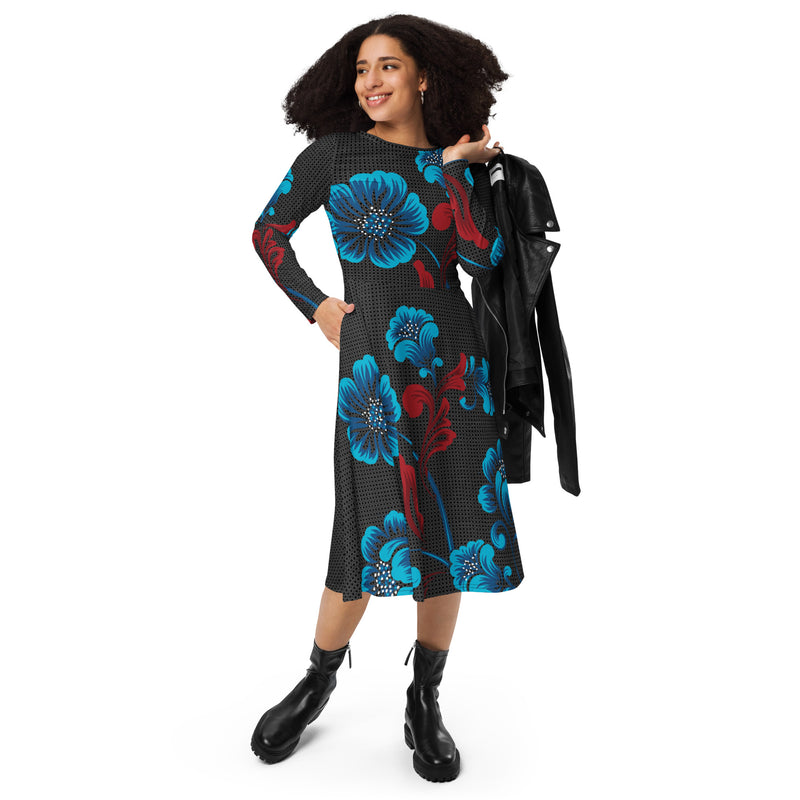 All-over print long sleeve midi dress - Objet D'Art