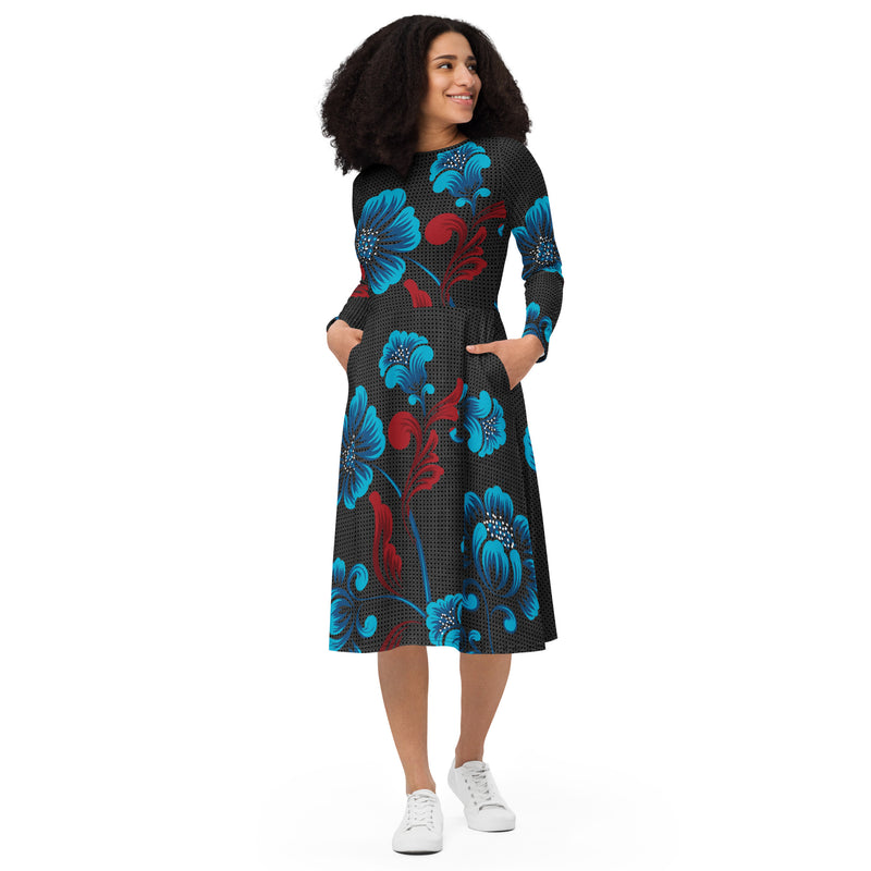 All-over print long sleeve midi dress - Objet D'Art