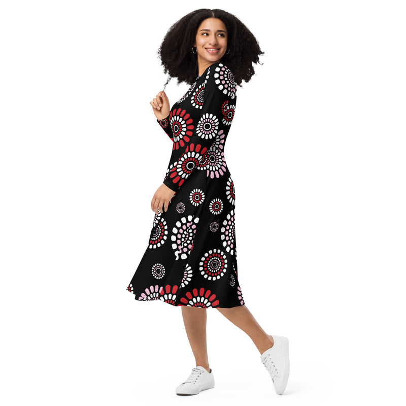 All-over print long sleeve midi dress - Objet D'Art