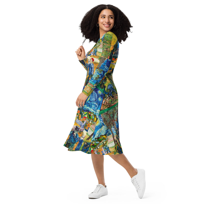 All-over print long sleeve midi dress - Objet D'Art