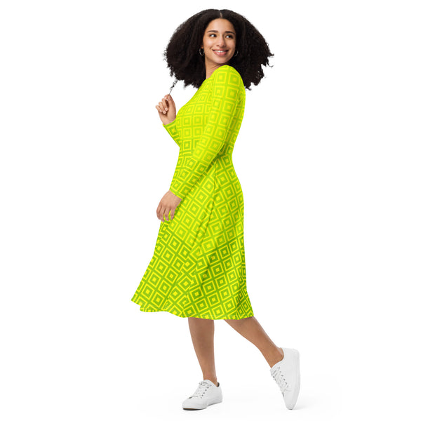Lime-Green Matrix ong sleeve midi dress - Objet D'Art