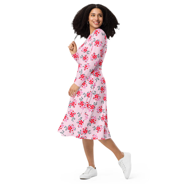 Pink Water Florals long sleeve midi dress - Objet D'Art