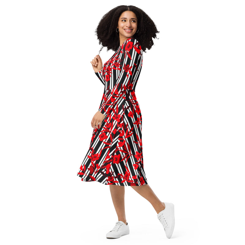 All-over print long sleeve midi dress - Objet D'Art