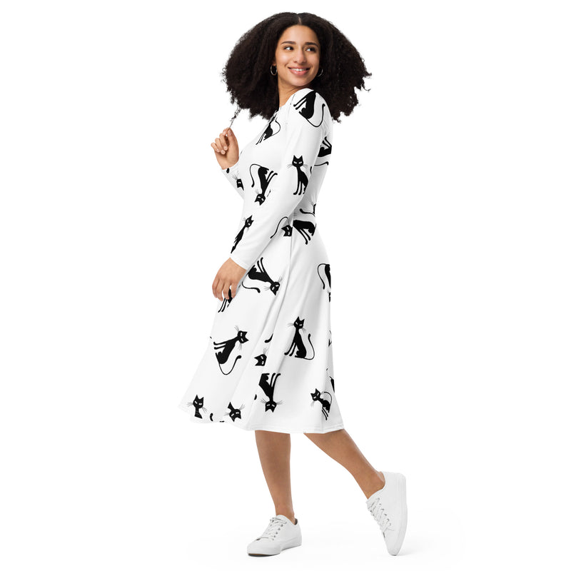 All-over print long sleeve midi dress - Objet D'Art